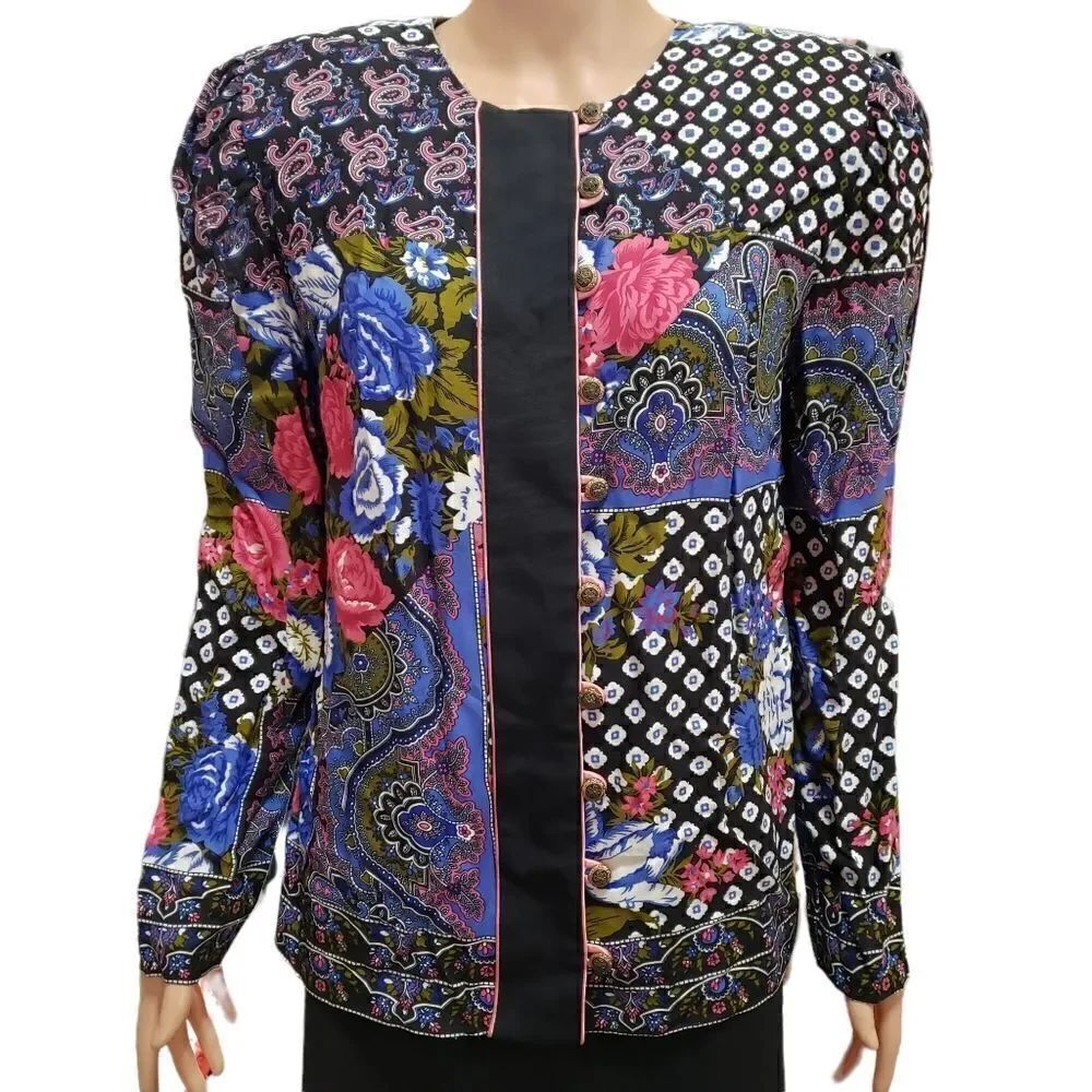 Lady Carol of New York Vintage Multiprint Double-Breasted Blouse Size 18